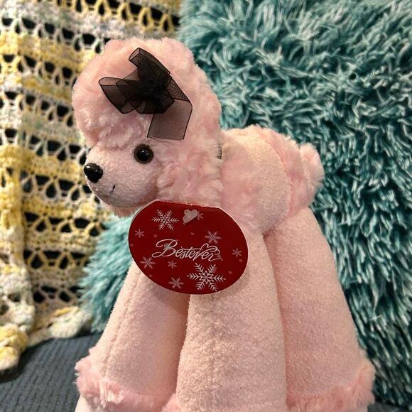 Plush Pink Poodle Stuffed Animal Toy Dog 11” Black Bow w Tag Bestever Funny Feet - Picture 2 of 11